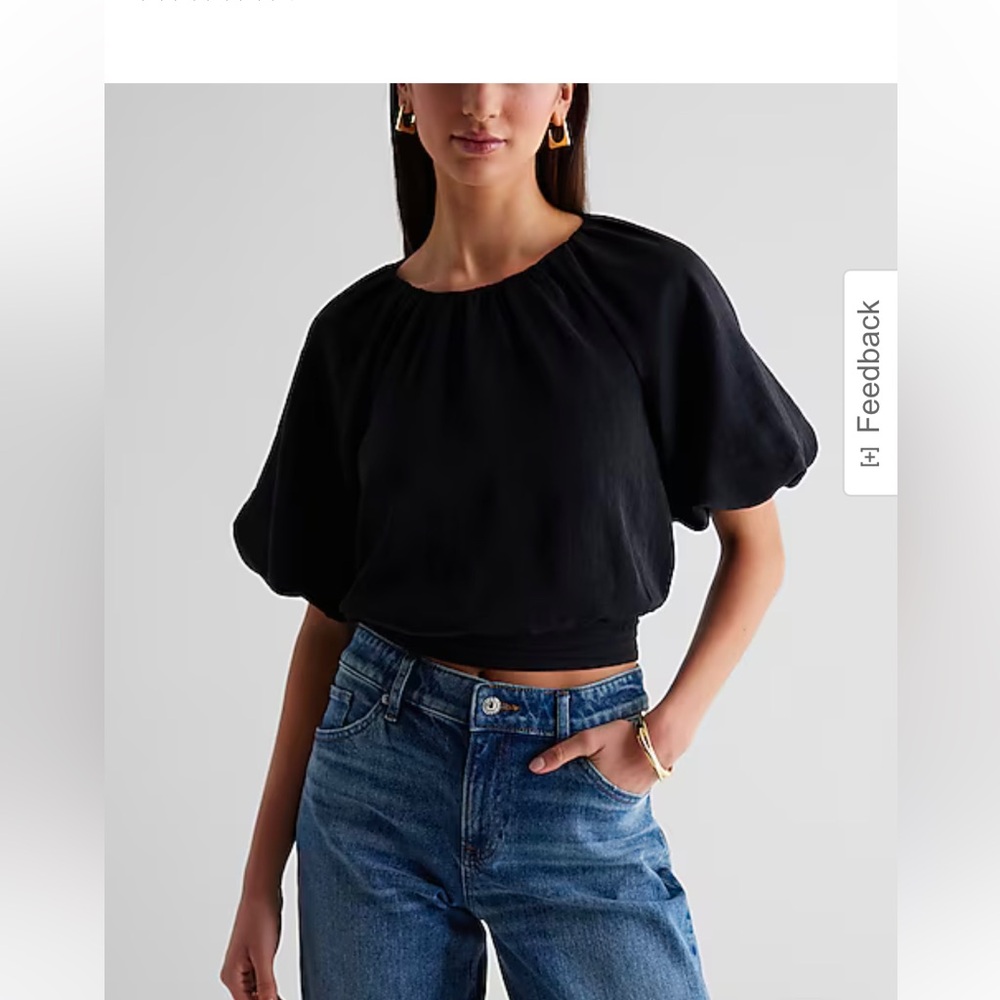 Large Express Gathered Neck Puff Sleeve Banded Bottom Top new